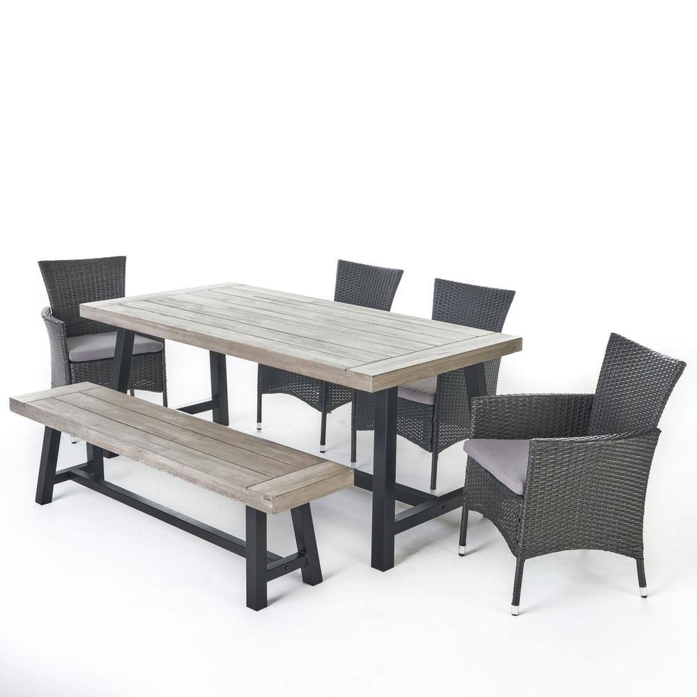 Noble House Linden Grey and Rustic Black 6-Piece Faux Rattan Outdoor Dining Set with Silver Cushions