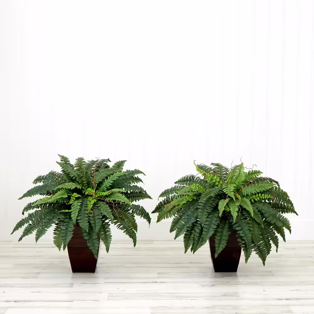 Nearly Natural 23 in. Artificial Green Boston Fern Plant with Tapered Bronze Square Metal Planter DIY KIT (Set of 2)