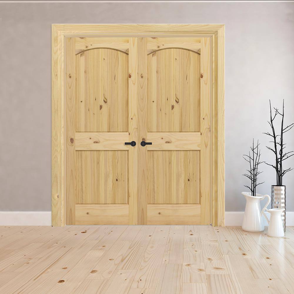 Steves & Sons 60 in. x 80 in. Universal 2-Pnl Unfinished Archtop Knotty Pine Wood Double Prehung Interior French Door w/ Bronze Hinges