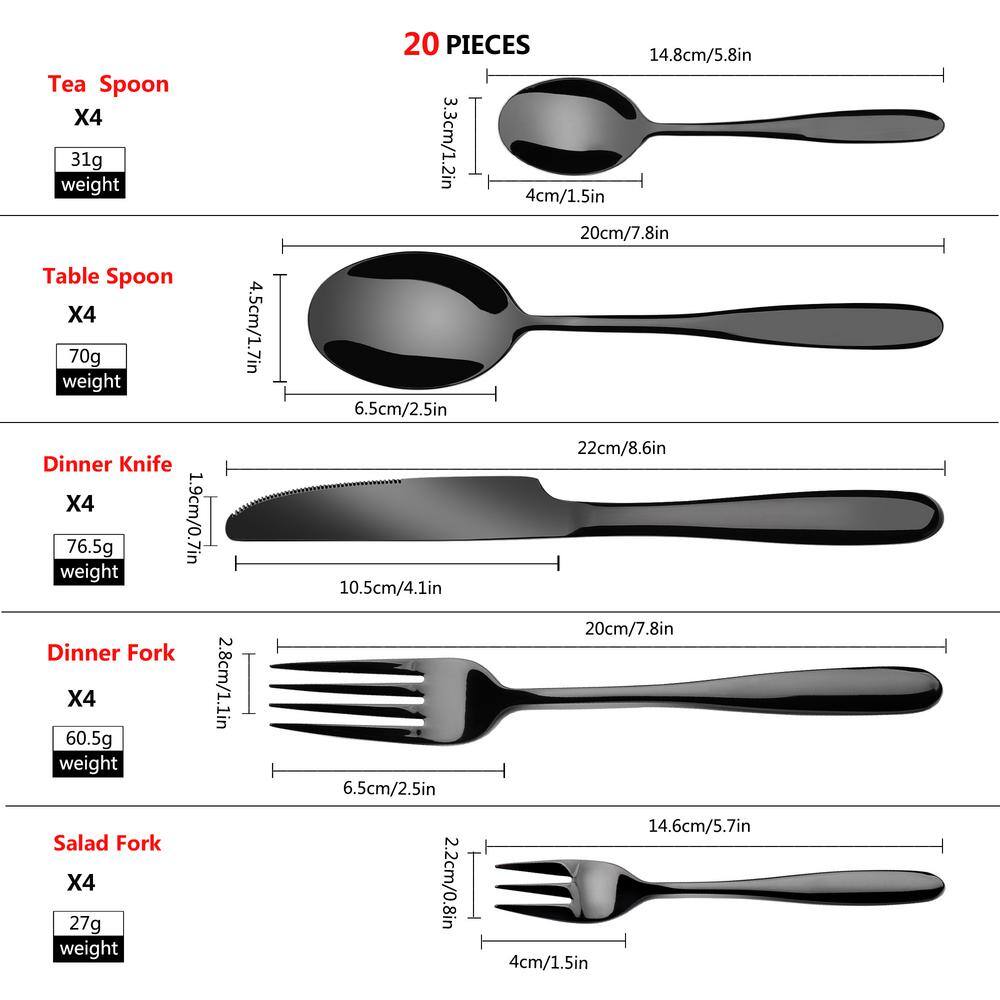Velaze 20-Piece 18/8 Black Mirror Polished Stainless Steel Eating Utensils Set Knife Fork Spoon Set (Service for 4)
