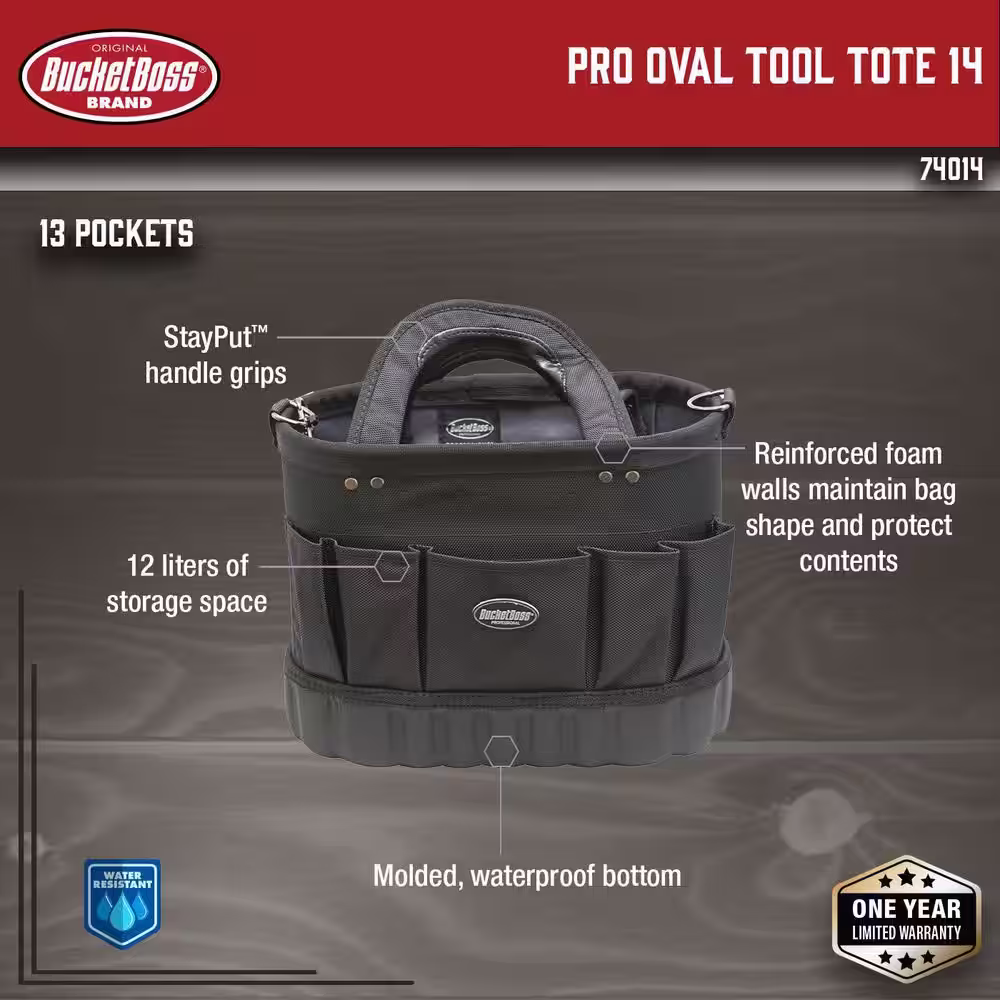 BUCKET BOSS 14 in. Professional Heavy-Duty Oval Open Top Soft Tool Tote Bag