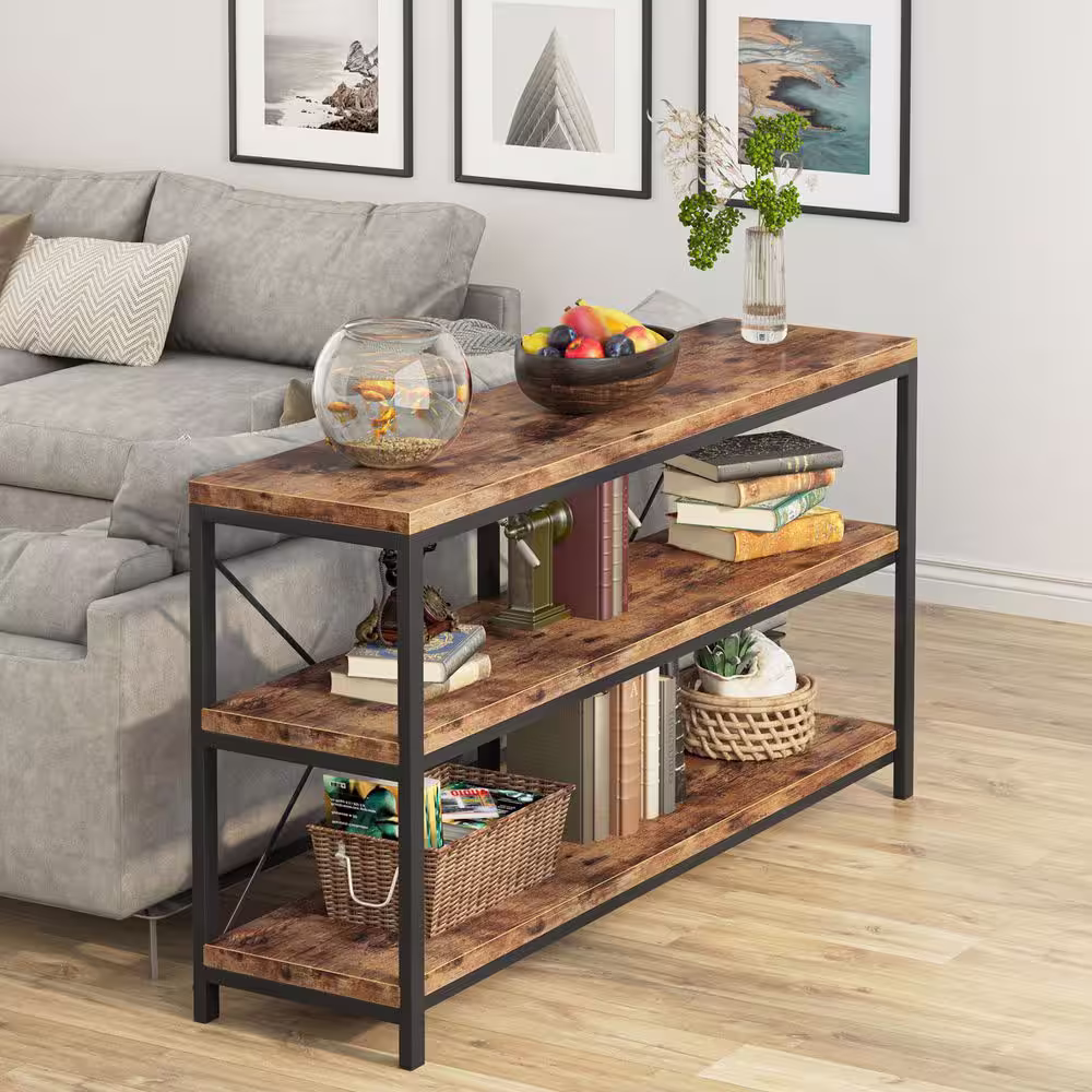 TRIBESIGNS WAY TO ORIGIN Adan 55 in. Rustic Brown Standard Rectangle Wood Console Table with 3 Tiers