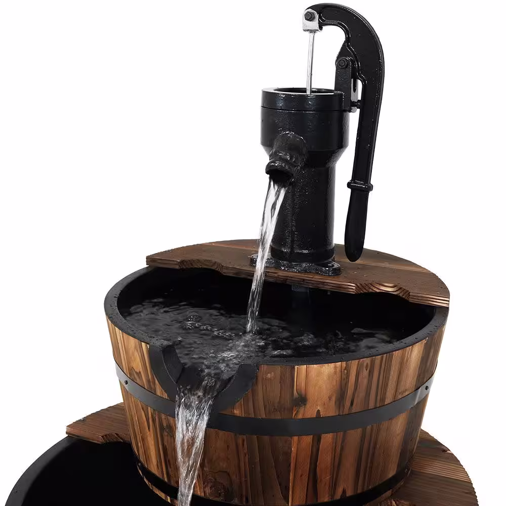 Sunnydaze Decor 37 in. 2-Tier Rustic Wood Barrel Water Fountain with Hand Pump