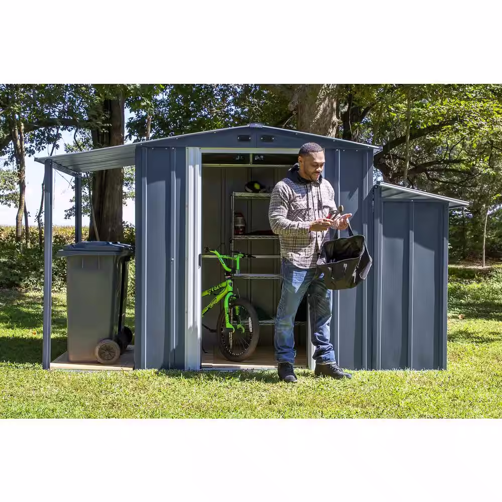 Arrow Metal 3-In-1 Utility Shed, 50 sq. ft., 10 ft. W x 5 ft. D, Includes Lockable Shed, Firewood Rack and Open-Air Extension