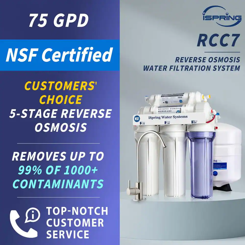 ISPRING RCC7 5-Stage Under Sink Reverse Osmosis Drinking Water Filtration System with Quality Filters, 75 GPD, NSF Certified