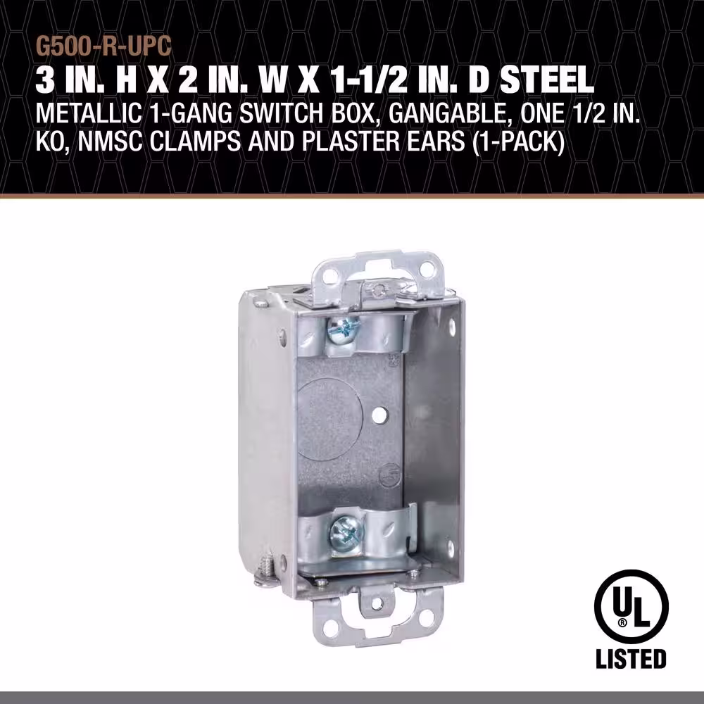 Southwire 3 in. H x 2 in. W x 1-1/2 in. D Steel Metallic 1-Gang Switch Box, One 1/2 in. KO, NMSC Clamps and Plaster Ears, 1-Pack
