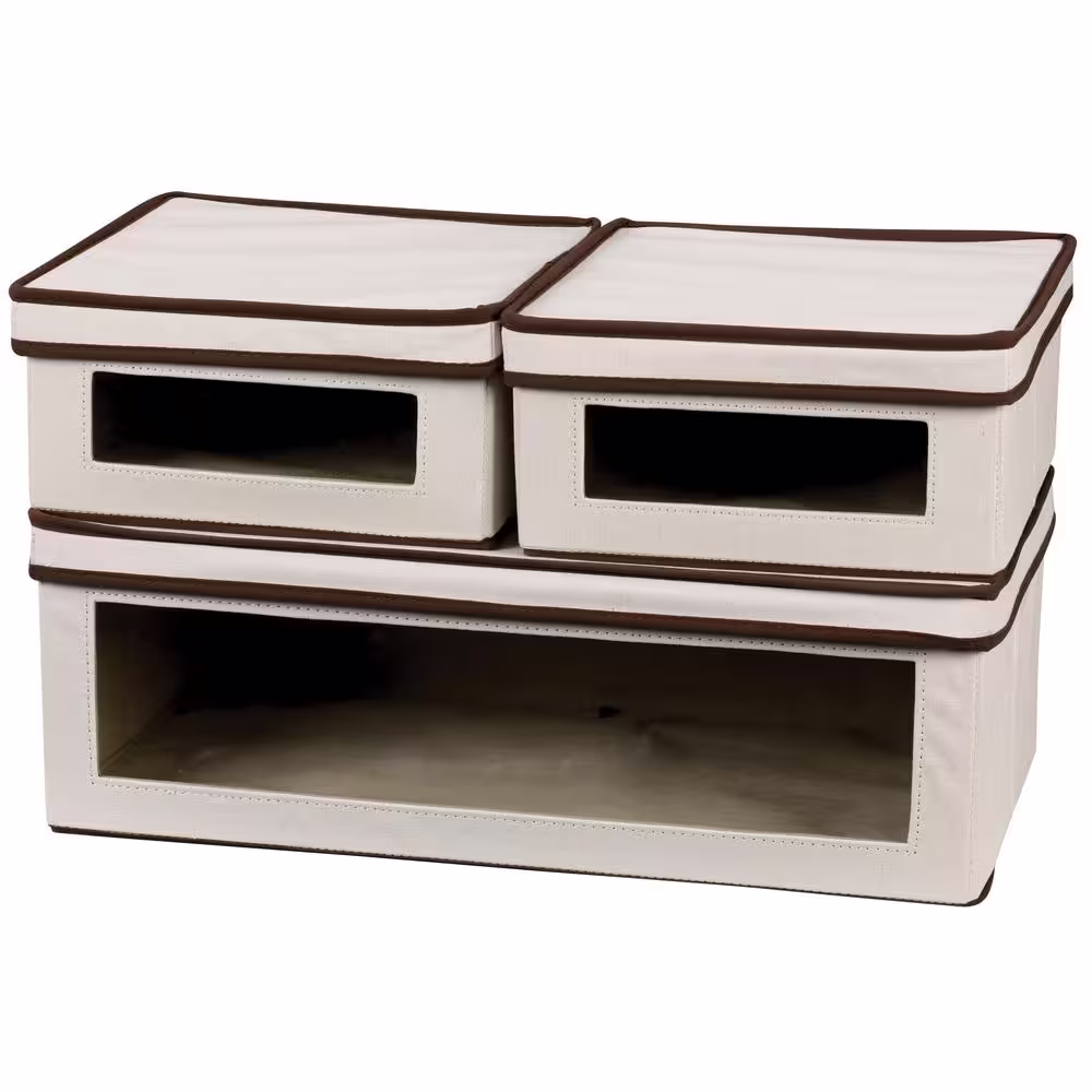 HOUSEHOLD ESSENTIALS Natural Canvas Vision Box Set (2 Small, 1 Large) with Brown Trim (3-Piece)