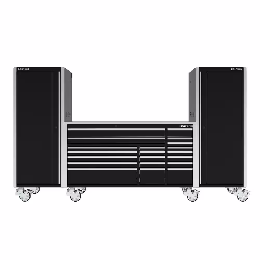 Husky 72 in. W x 24.5 in. D Professional Duty 20-Drawer Mobile Workbench Tool Storage Combo with 2 Side Lockers in Gloss Black