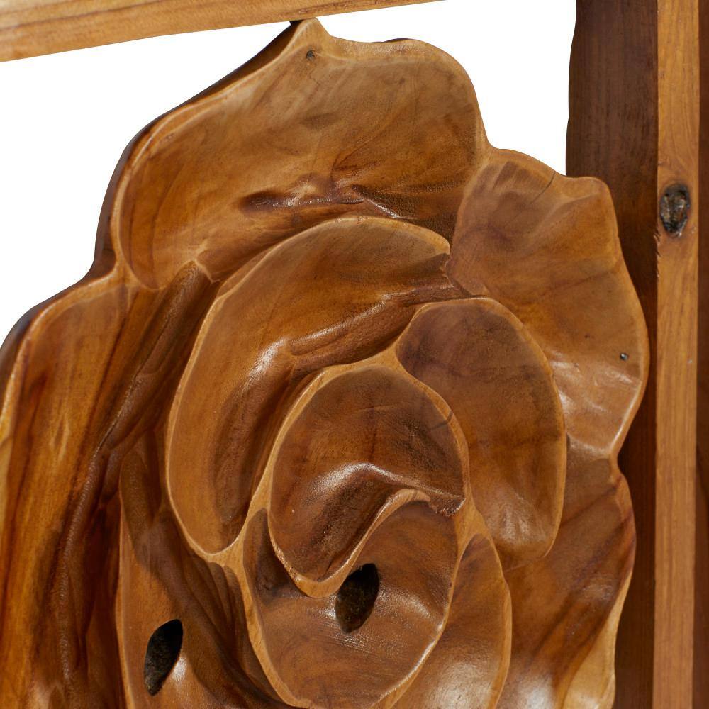 Litton Lane Teak Wood Brown Handmade Framed Carved Leaf and Floral Wall Decor (Set of 3)