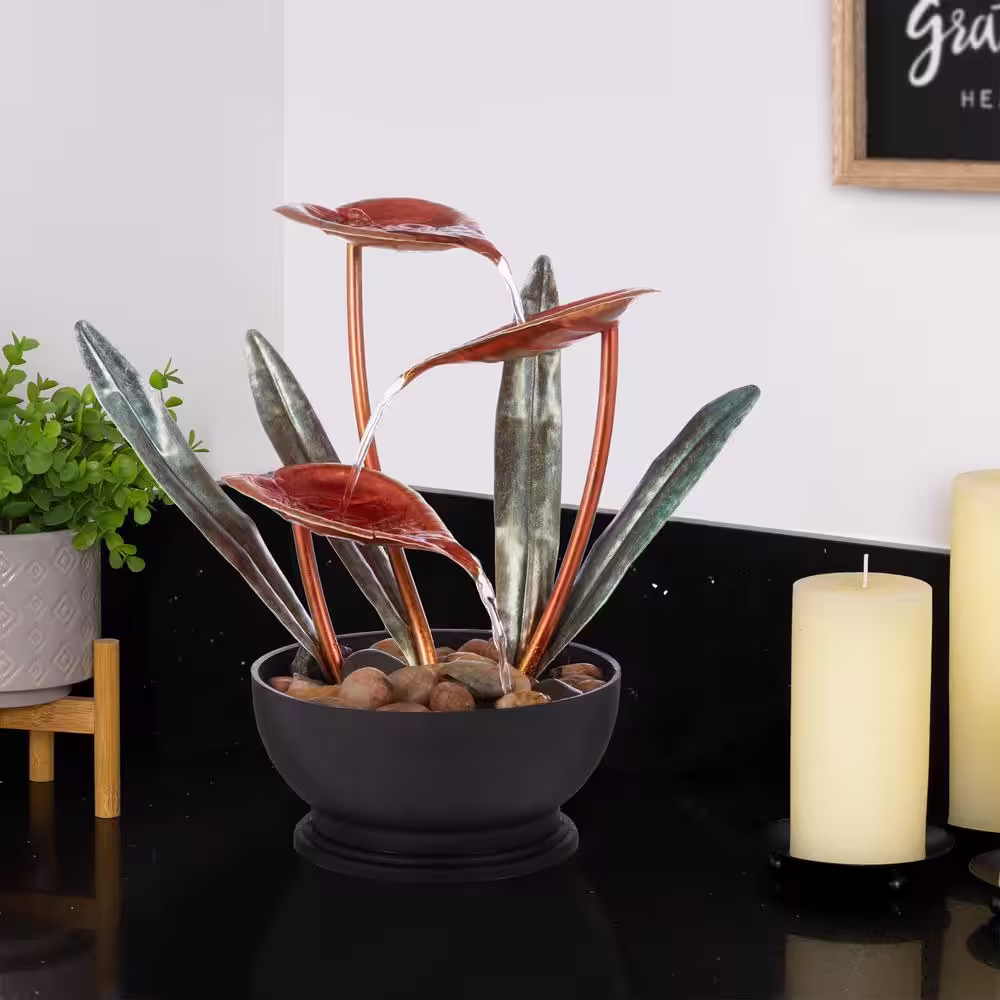 Alpine Corporation 12 in. H Indoor Multi-Tier Metal Tropical Floral Tabletop Fountain with Stone-Filled Base