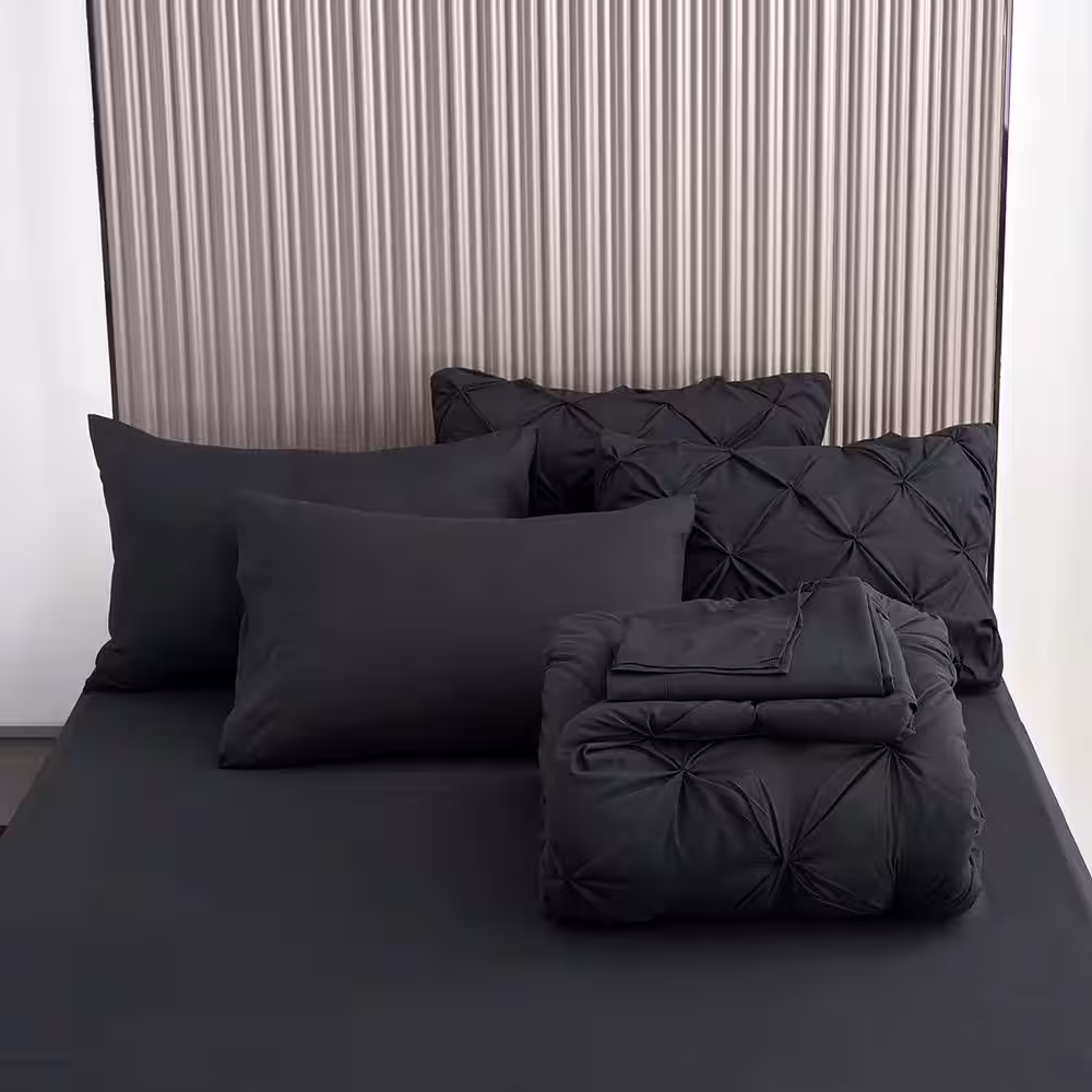 JML 8-Piece Black Microfiber Pintuck Queen Comforter Set