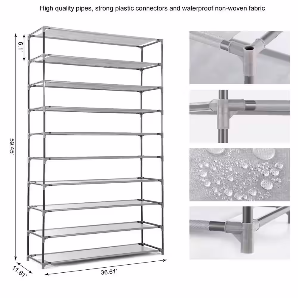 None 59.5 in. H 45-Pair 10-Tier Gray Metal Shoe Rack