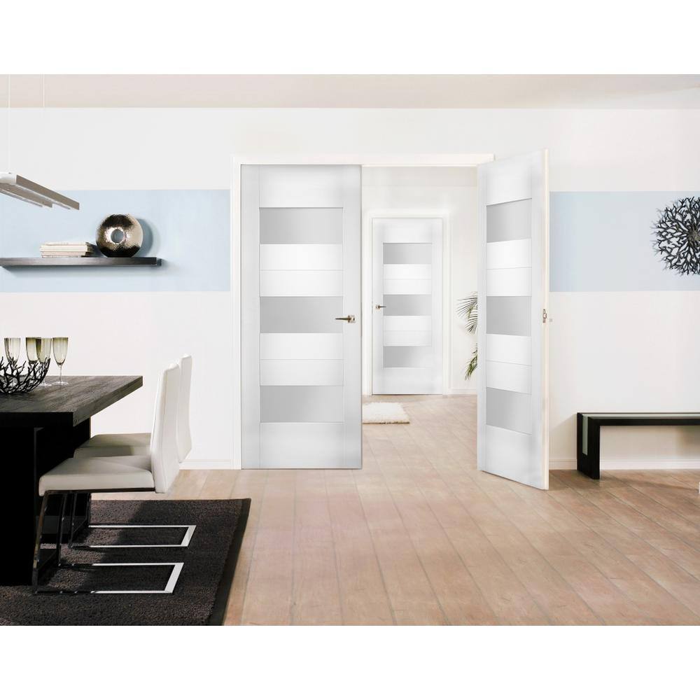 VDOMDOORS 72 in. x 80 in. Single Panel White Finished Pine Wood Sliding Door with Hardware