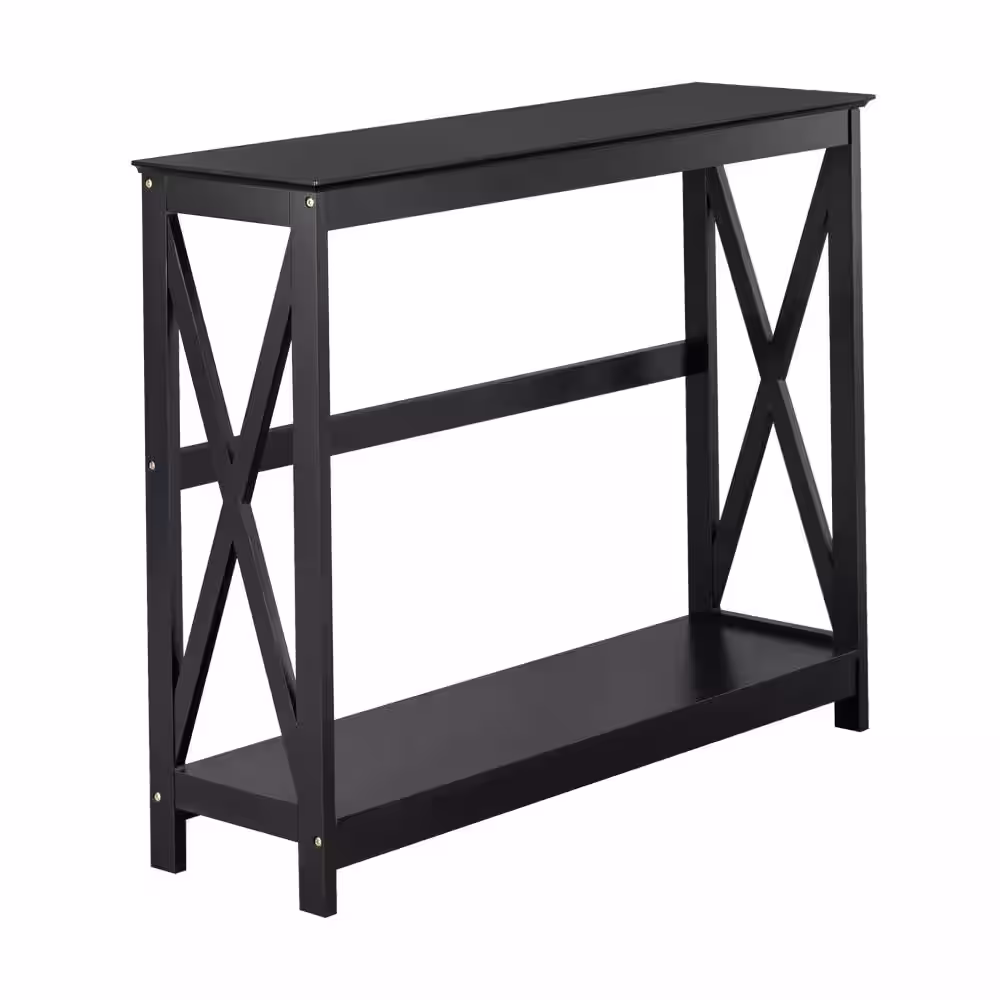 None 41.73 in. Standard Rectangle Black Wood Console Table with Shelves