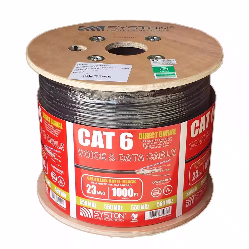 Syston Cable Technology Cat 6 Outside Burial/Aerial 1000 ft. Black 23-4 Gel Filled Twisted Pair Cable