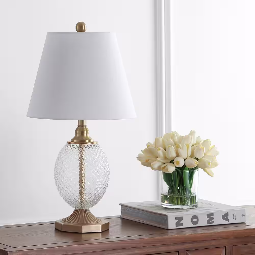 SAFAVIEH Kaiden 24 in. Clear/Brass Gold Textured Table Lamp with Off-White Shade