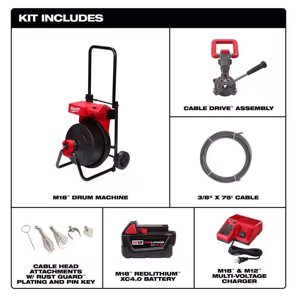 Milwaukee M18 18- Volt Lithium-Ion Cordless Drain Cleaning Drum Machine 3/8 in. x 75 ft. Cable Kit and Cable Drive Assembly