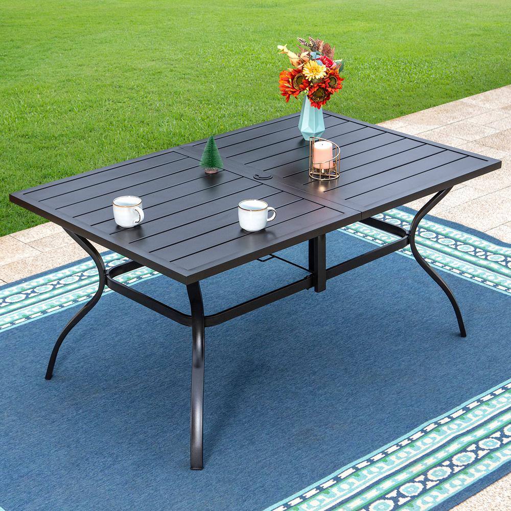 None Black 7-Piece Metal Slat Rectangle Table Outdoor Patio Dining Set with Red Textilene Chairs