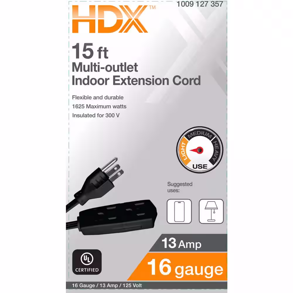 HDX 15 ft. 16/3 Light Duty Indoor Extension Cord with Banana Tap, Black