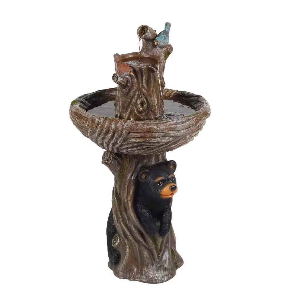 LuxenHome Brown Carved Tree Bird Bath Polyresin Cascade Fountain
