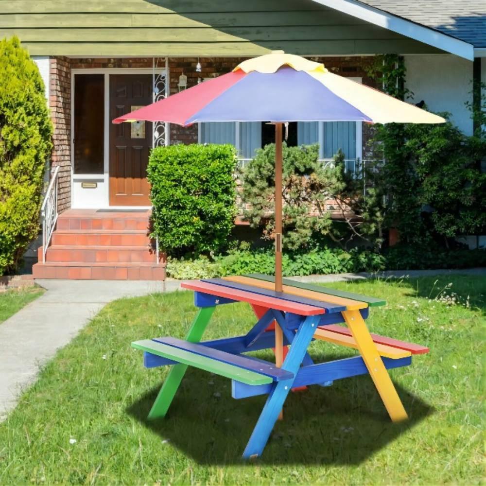 Alpulon Wooden Outdoor Kids Picnic Table with Umbrella and Bench