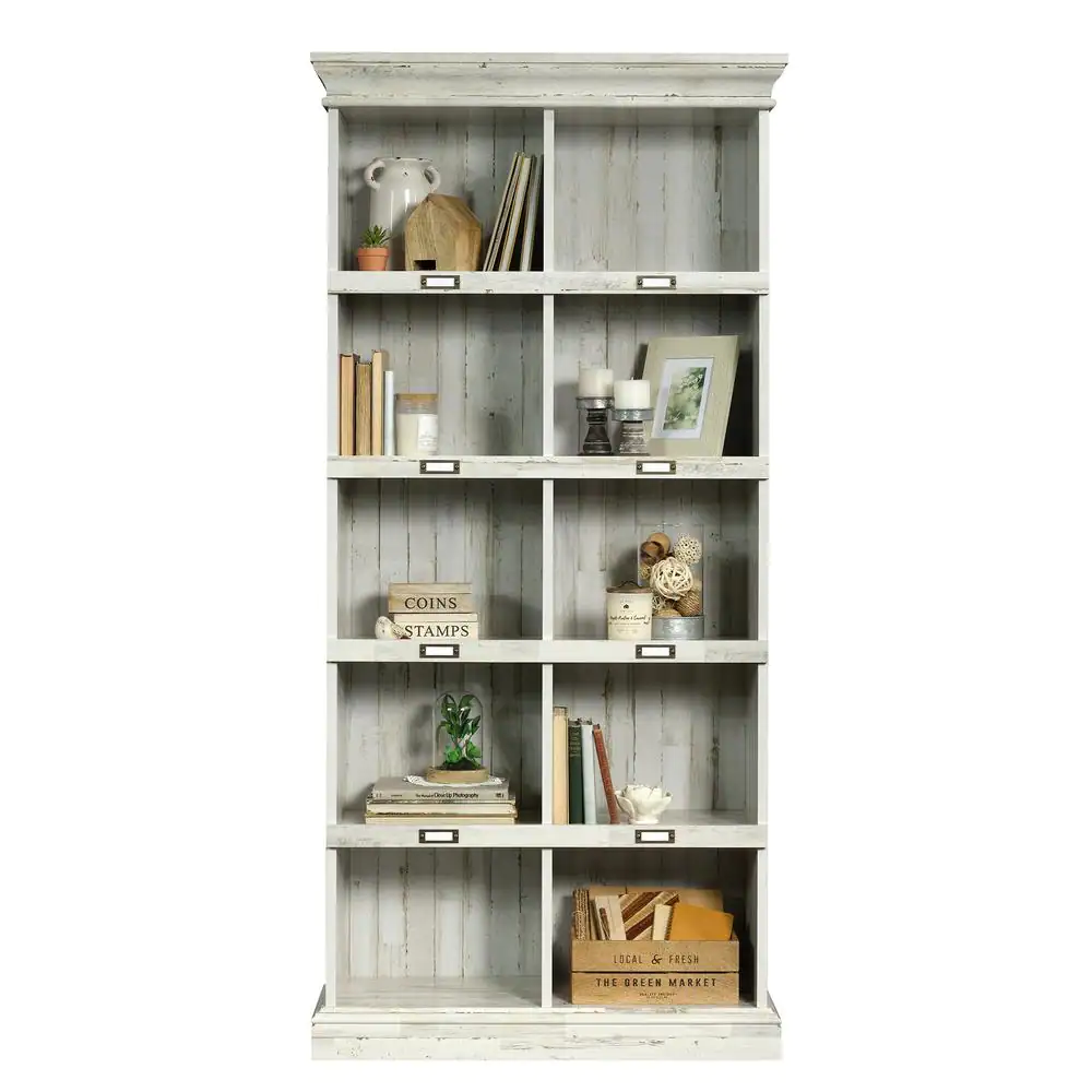 SAUDER 75 in. White Plank Faux Wood 10-shelf Standard Bookcase with Cubes