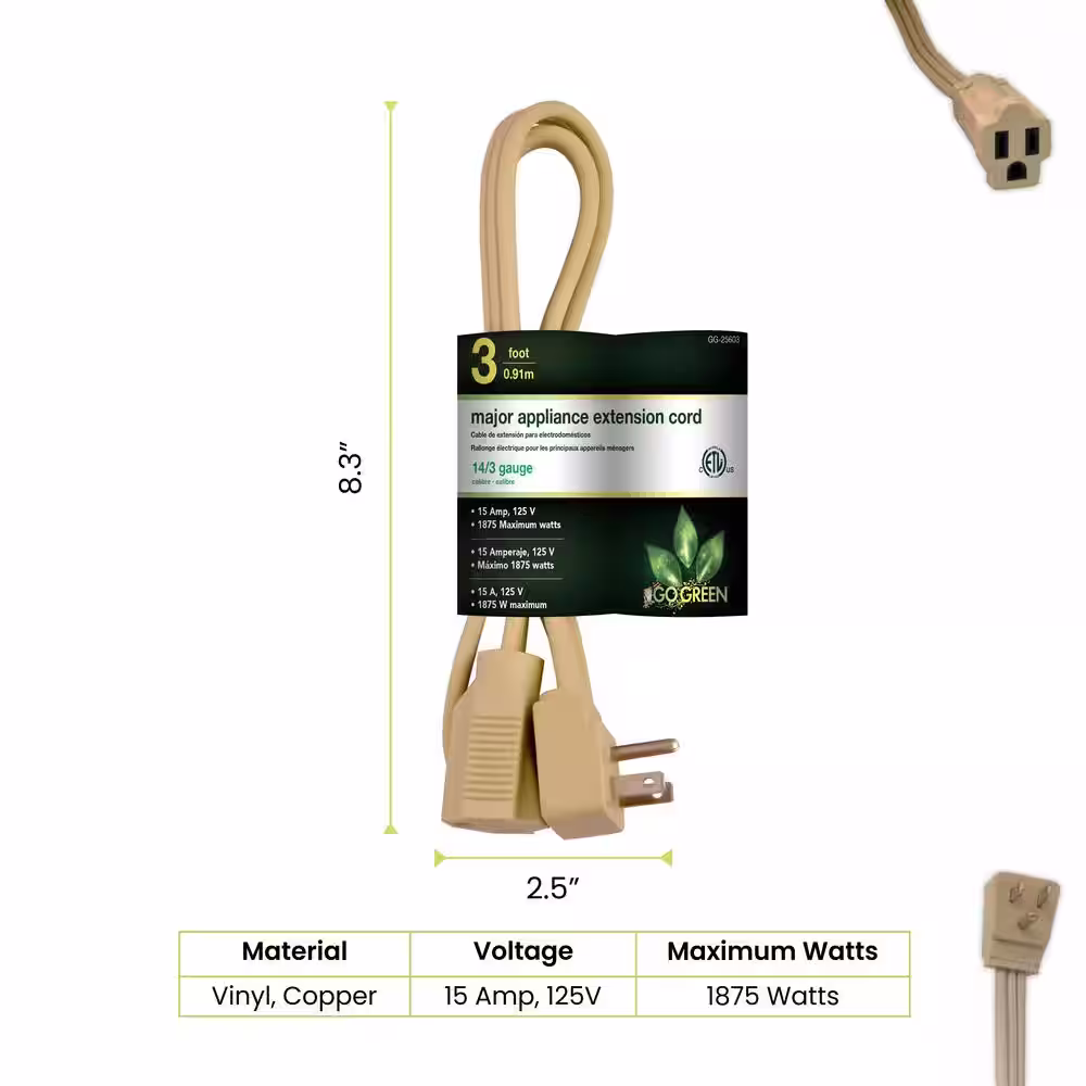 GoGreen Power 3 ft. 14/3 SPT A/C Extension Cord - Beige