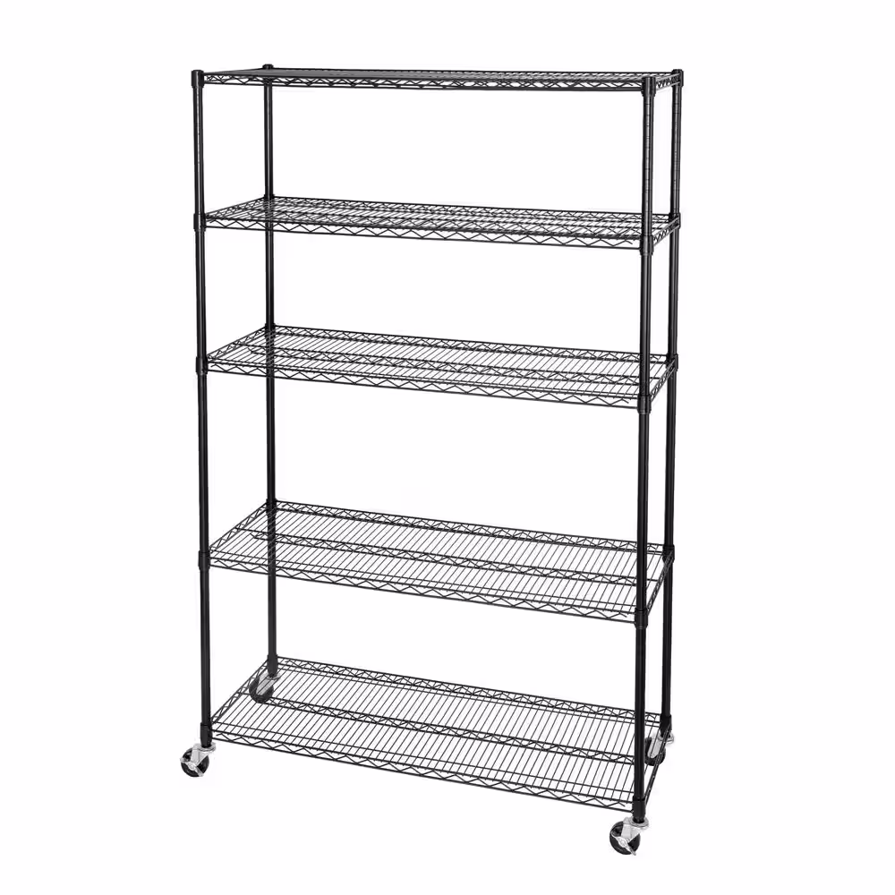 Seville Classics UltraDurable Black 5-Tier Adjustable Rolling Wire Steel Garage Storage Shelving (48 in. W x 75 in. H x 18 in. D)