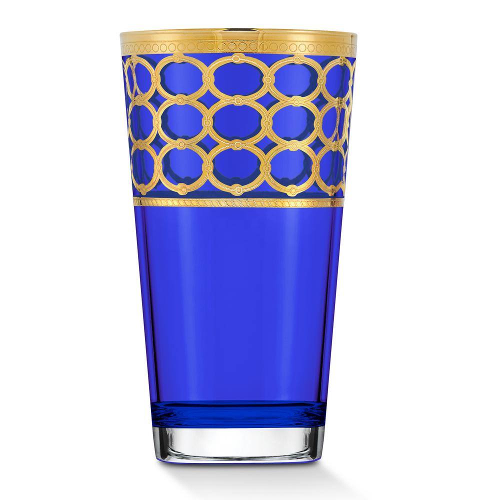 Lorren Home Trends 11 oz. Cobalt Blue with Gold Rings Highball Tumbler/Water/Iced Tea Set (Set of 4)