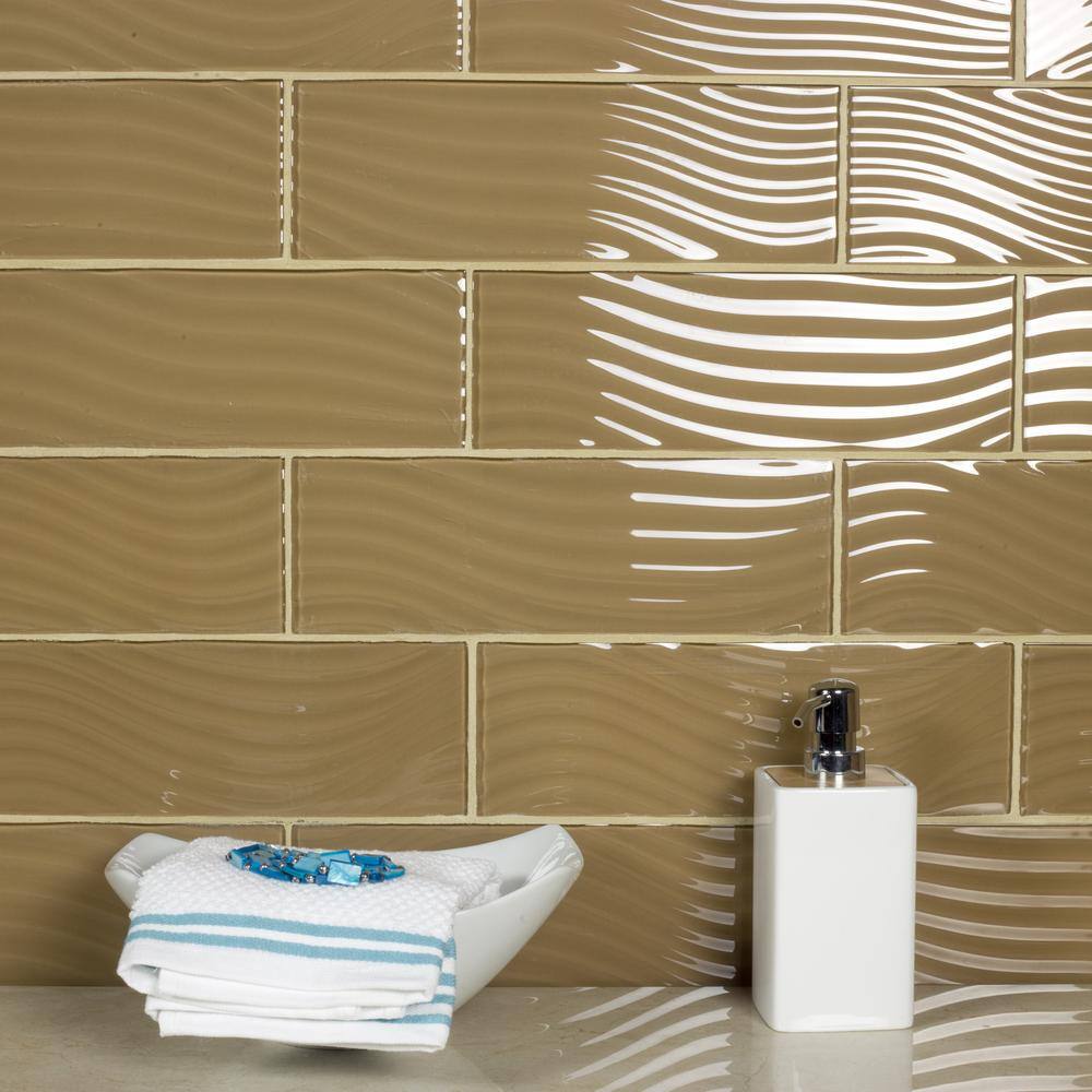 ABOLOS Coastal Design Style Glossy Brown Subway 4 in. x 12 in. Textured Glass Decorative Tile (11 sq. ft./Case)