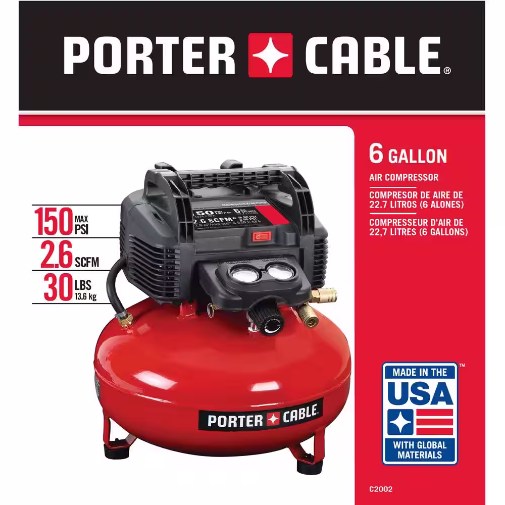 Porter-Cable 6 Gal. 150 PSI Portable Electric Pancake Air Compressor and 2 in. x 18-Gauge Brad Nail (1000 Per Box)