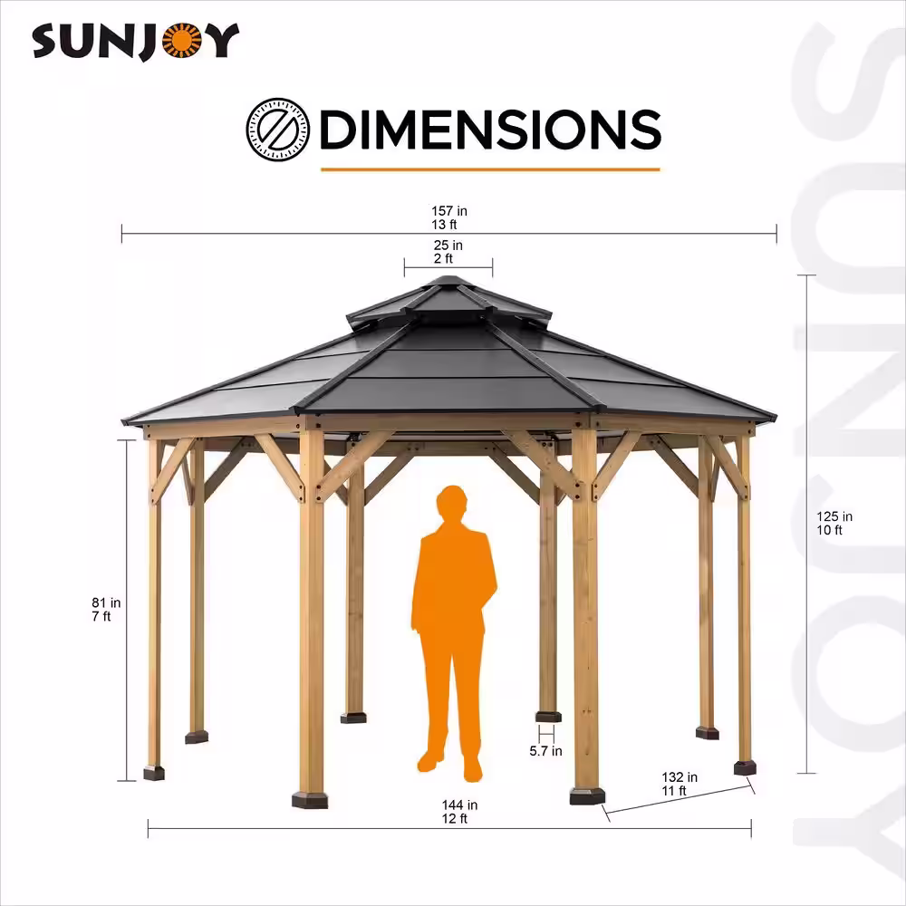 Sunjoy Oasis Outdoor Patio Octagon 13 ft. x 13 ft. Black 2-Tier Wooden Frame Backyard Hardtop Gazebo with Ceiling Hook
