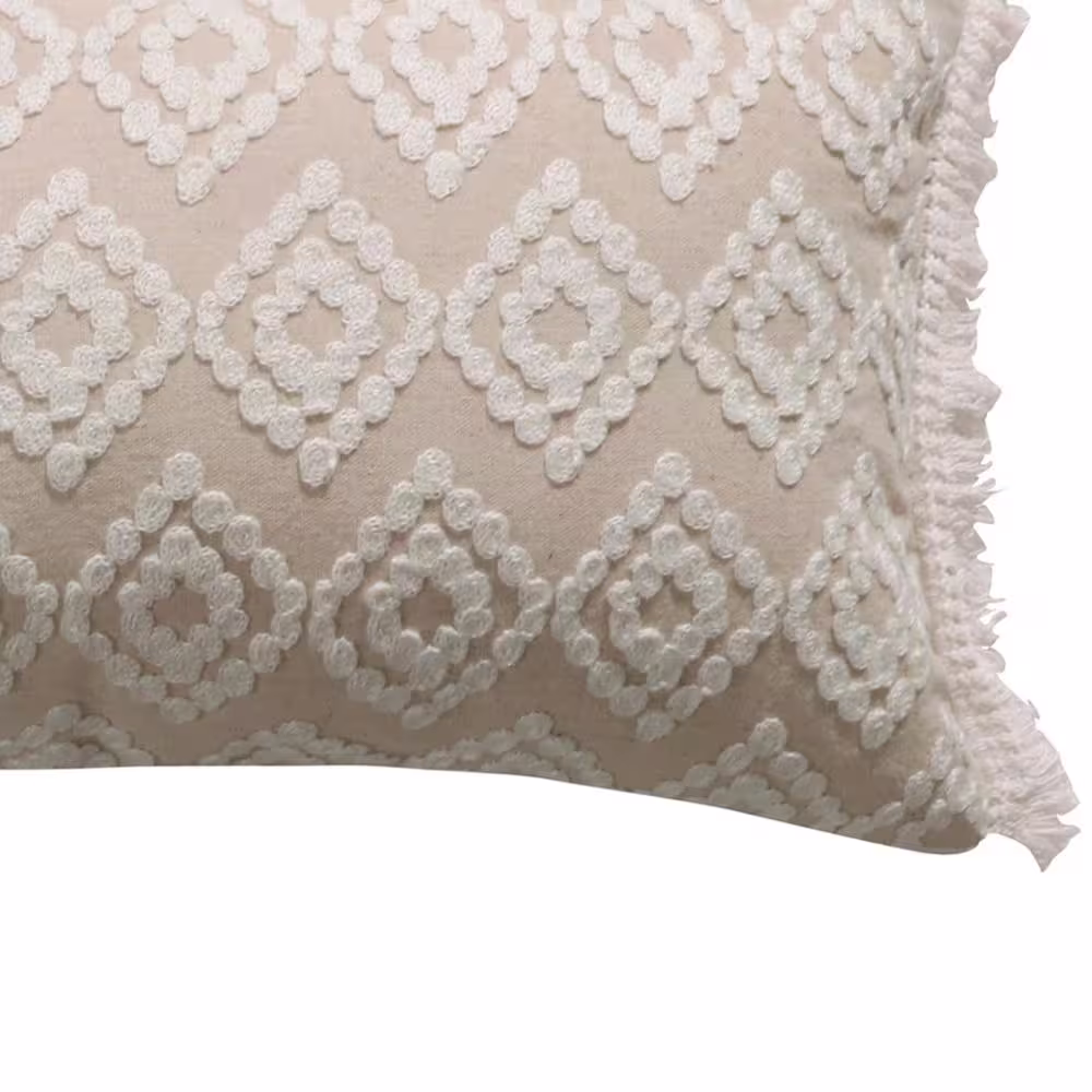 None Addie Beige White Embroidered Medallion 24 in. x 12 in. Throw Pillow