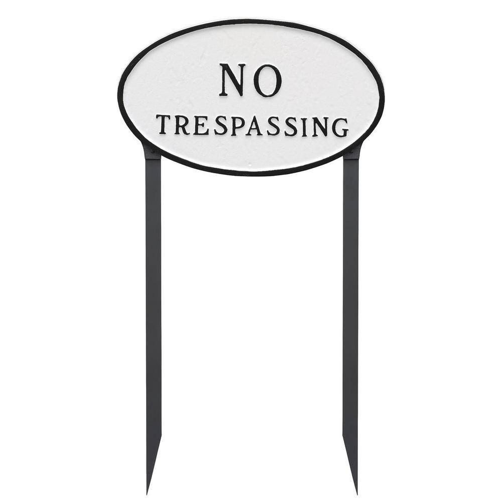 Montague Metal Products 10 in. x 18 in. Large Oval No Trespassing Statement Plaque Sign with 23 in. Lawn Stakes, White with Black Lettering