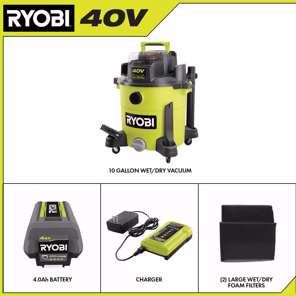 RYOBI 40V 10 Gal. Cordless Wet/Dry Vacuum Kit with 40V 4.0 Ah Battery, 40V Charger, and Replacement Foam Filters (2-Pack)