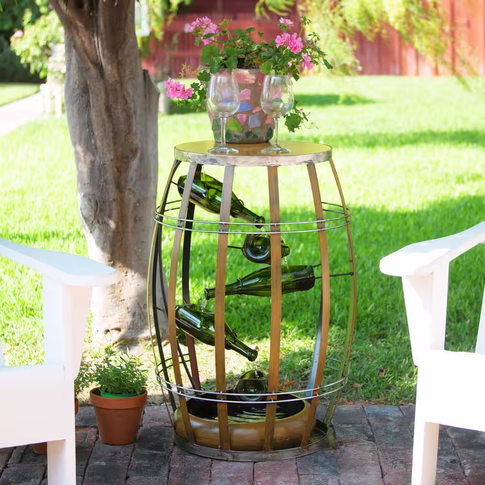 Alpine Corporation 31 in. Tall Indoor Metal Wine Barrel Table Fountain with Tiered Glass Bottles