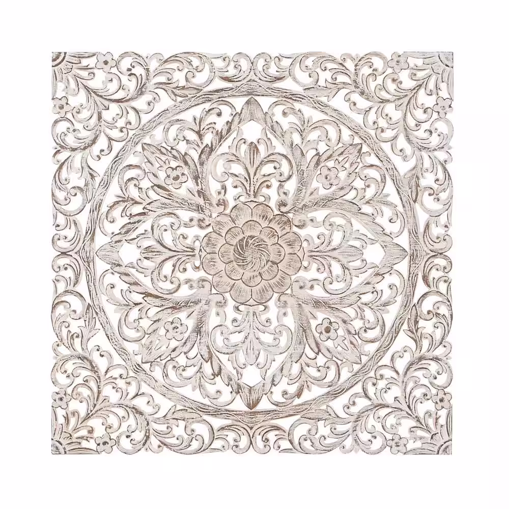Litton Lane Wood Brown Handmade Intricately Carved Floral Wall Decor with Mandala Design