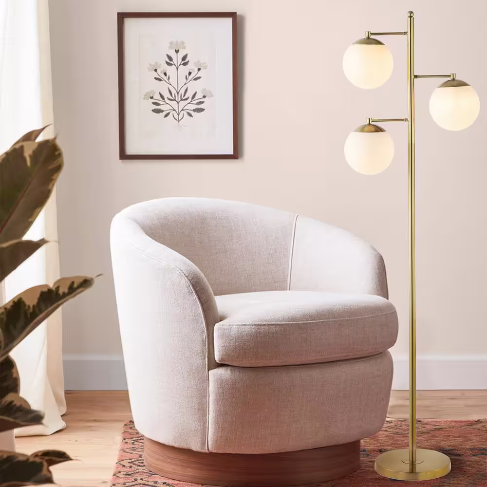 JONATHAN Y 3-Light Brass Gold/White Ellie 66 in. Modern Vintage Iron LED Floor Lamp