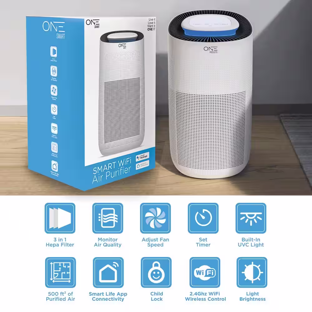 One Smart Consumer Electronics Gear Neo Smart Air Purifier with H13 True HEPA Filter and Air Quality Sensor, Compatible with Google and Alexa, 500 sq ft