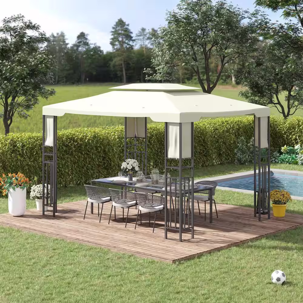 Outsunny 13 ft. x 10 ft. Cream White Patio Gazebo Outdoor Canopy Shelter with Double Vented Roof, Storage Shelves, Steel Frame
