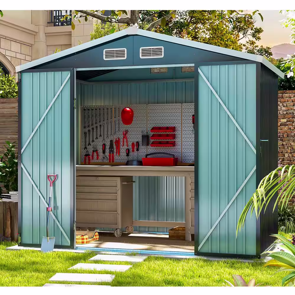 None 7.7 ft. W xÂ 5.7Â ft. D Metal Storage Shed with Outdoor Lockable Door and Vents 44 sq. ft., Black