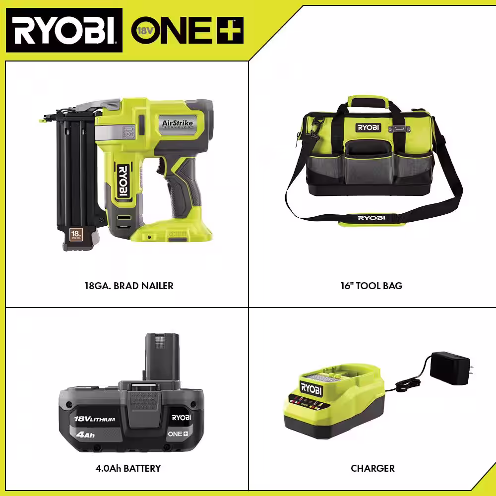 RYOBI ONE+ 18V 18-Gauge Cordless AirStrike Brad Nailer with 4.0 Ah Battery, Charger, and 16 in. Tool Bag