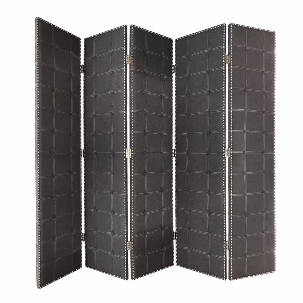 Benjara Black 5-Panel Modern Style Screen with Faux-Leather Button Tufting
