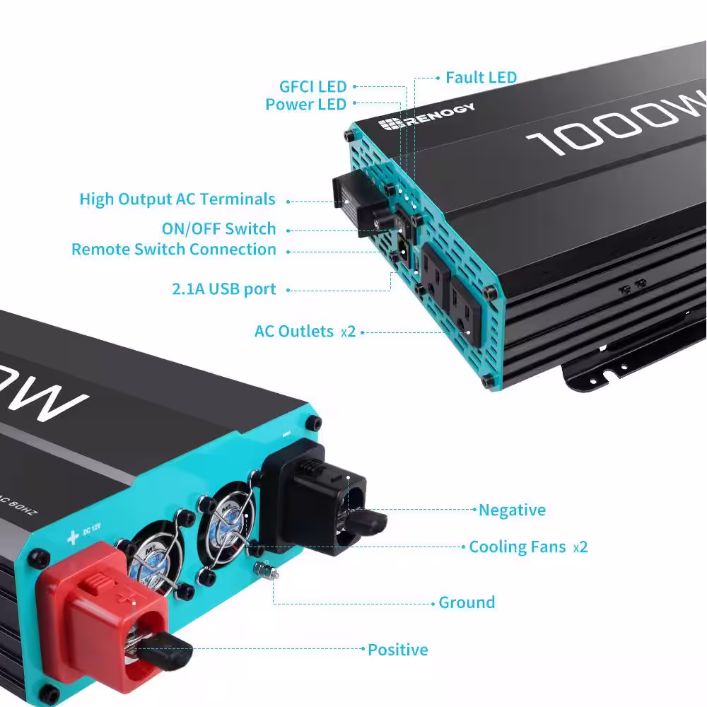 Renogy 1000-Watt Pure Sine Wave Inverter 12V DC to 120V AC Converter for Off-Grid Solar Power w/ Built-in 5V/2.1A USB Port