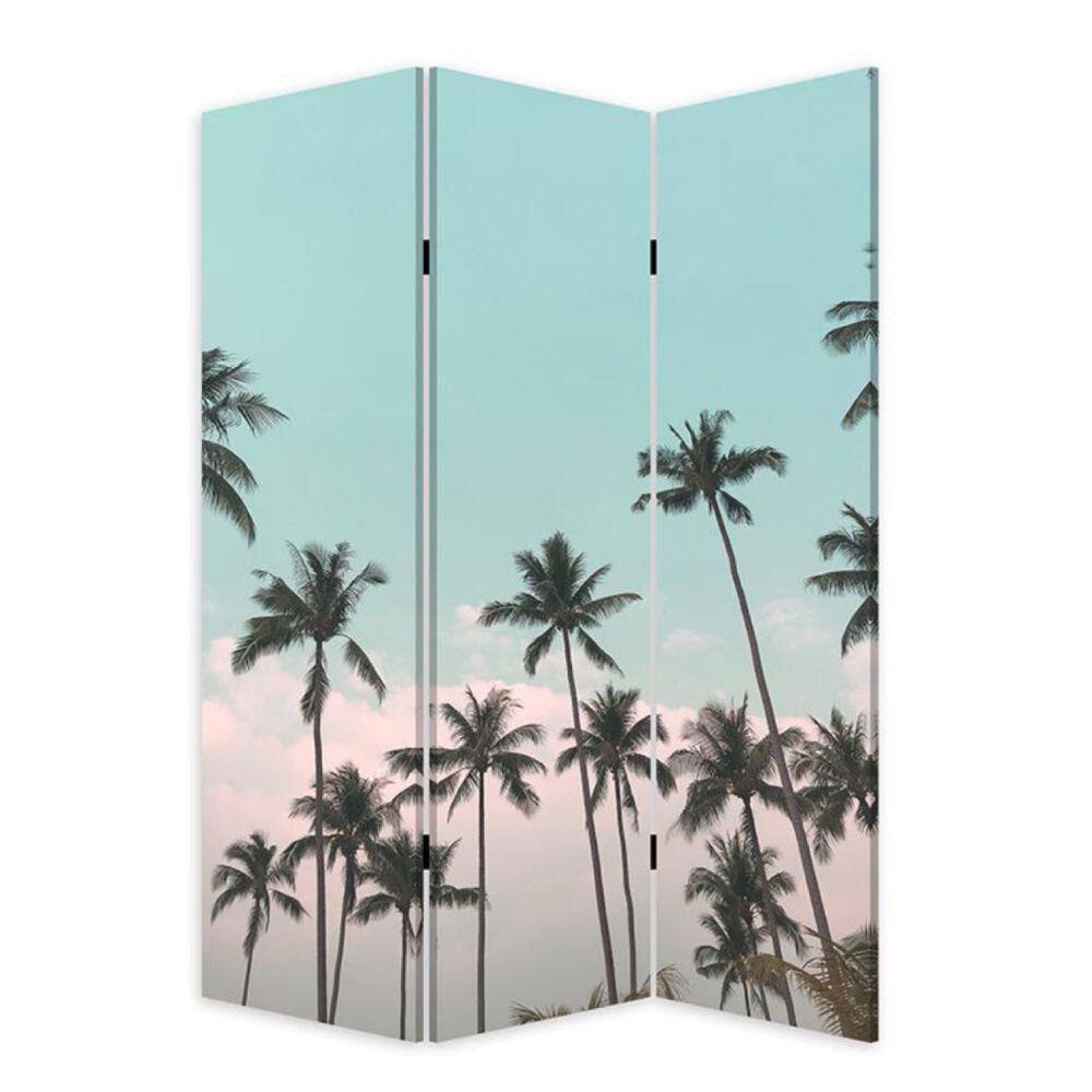 Benjara 72 in. Black Blue Sky and Palm Tress 3-Panel Canvas Foldable Room Divider
