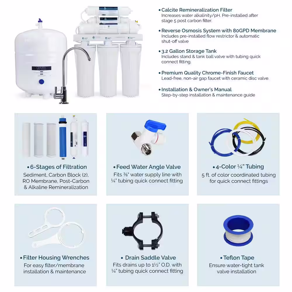 Olympia Water Systems Alkaline Remineralization 6-Stage Under-Sink Reverse Osmosis Water Filtration System with 80 GPD Membrane
