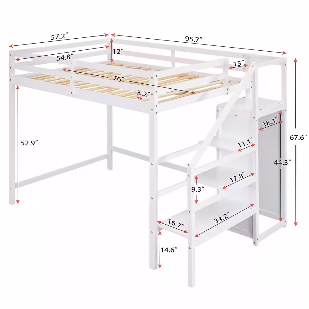 Harper & Bright Designs White Full Size Wood Loft Bed with Staircase and Built-in Storage Wardrobe