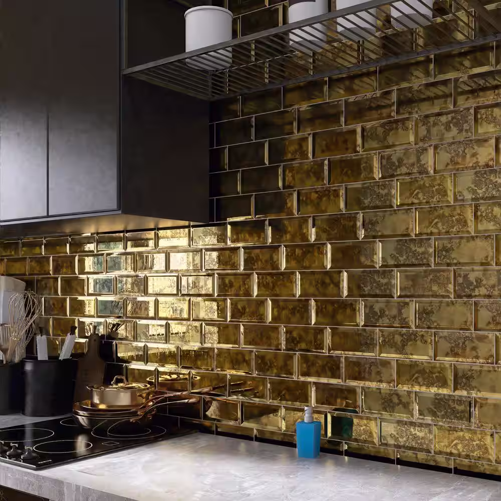 Merola Tile Lustre Beveled Antique Gold 3 in. x 6 in. Glass Wall Tile (10.4 sq. ft./Case)