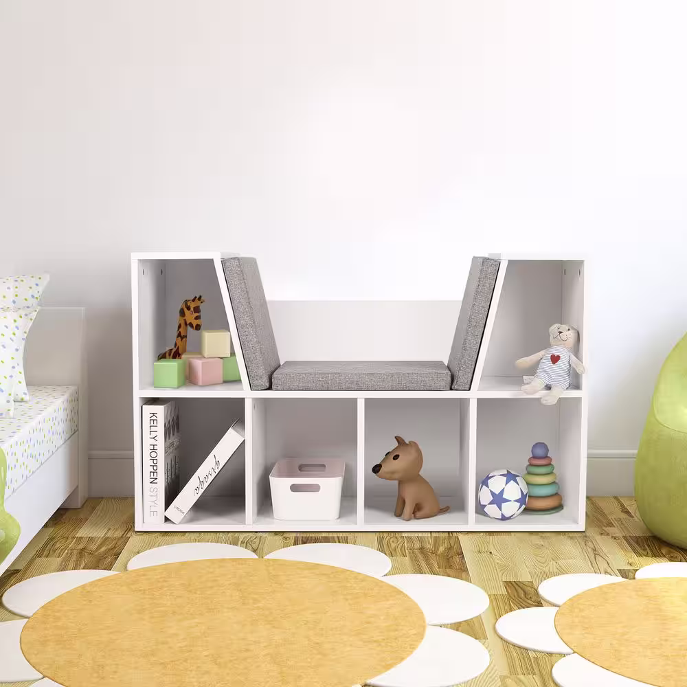 VEIKOUS 25 in. White Kids Reading Nook 6-Shelf Kids Bookcase with Removable Detachable Cushions