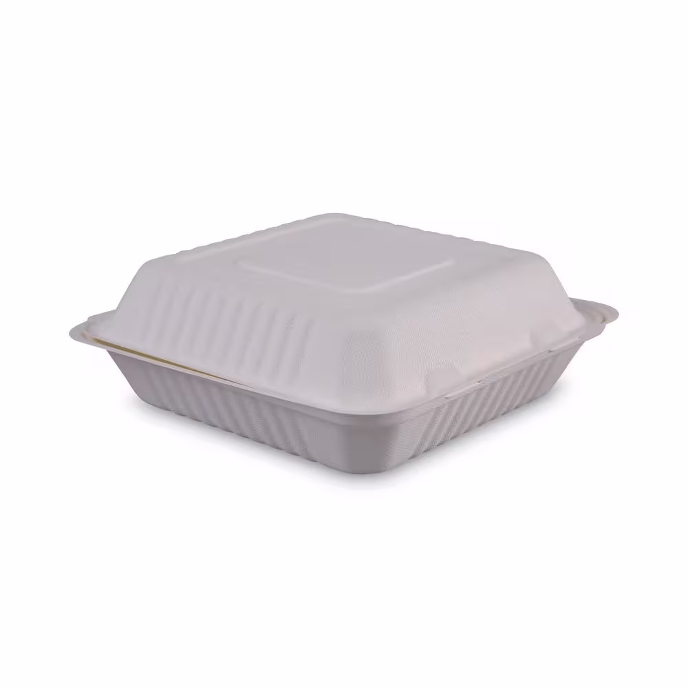 Boardwalk 9 in. x 9 in. x 3.19 in. White Bagasse Food Containers Hinged-Lid 1-Compartment (100/Sleeve 2-Sleeves/Carton)